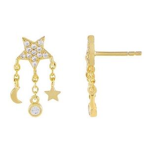 Adina Eden CZ Celestial Charms Stud Earrings with Dangling Star & Moon Charms